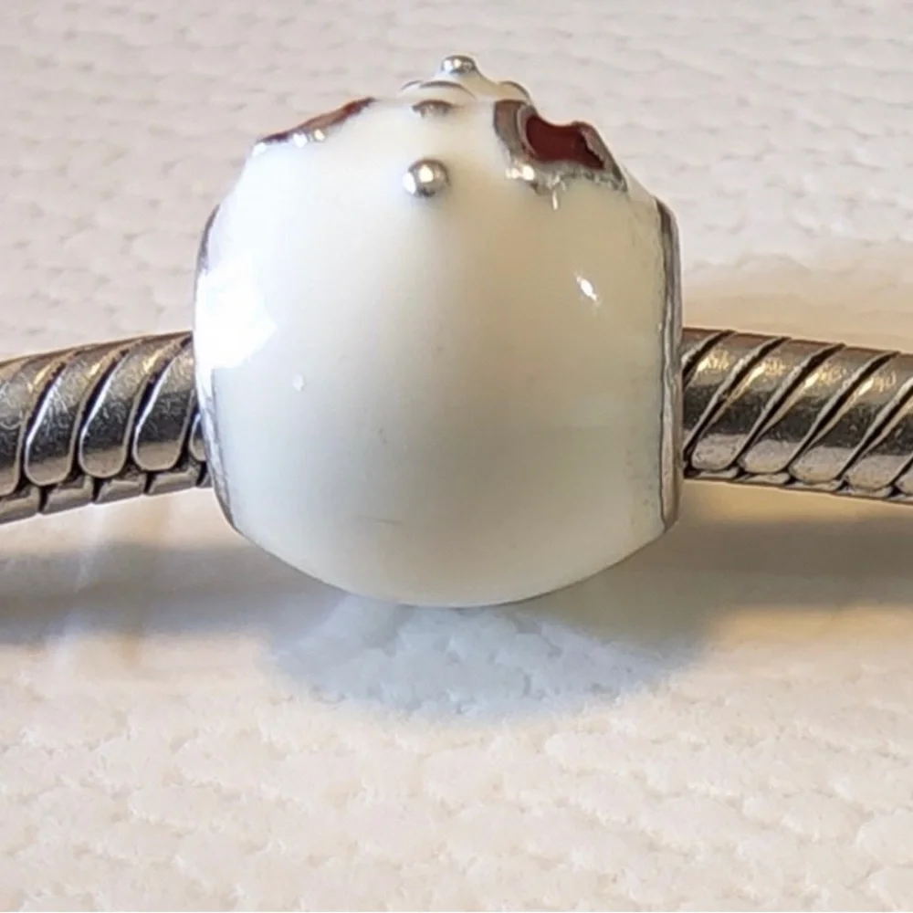 Pandora Retired Sterling Silver Happy Snowman Winter Bead White & Red Enamel - Picture 4 of 6